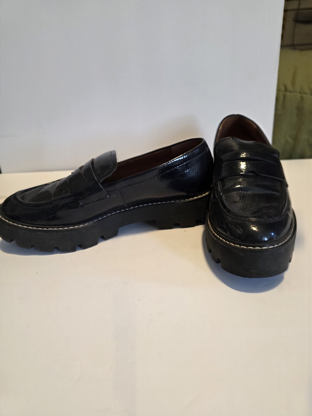 Franco Sarto Black Patent Leather Chunky Lug Sole Loafers